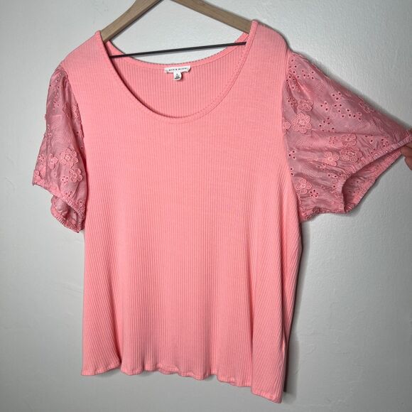 Rio & Rian Womens Blouse 3X Pink Floral Eyelet‎ Sleeve Stretch Casual Ribbed - Picture 5 of 8